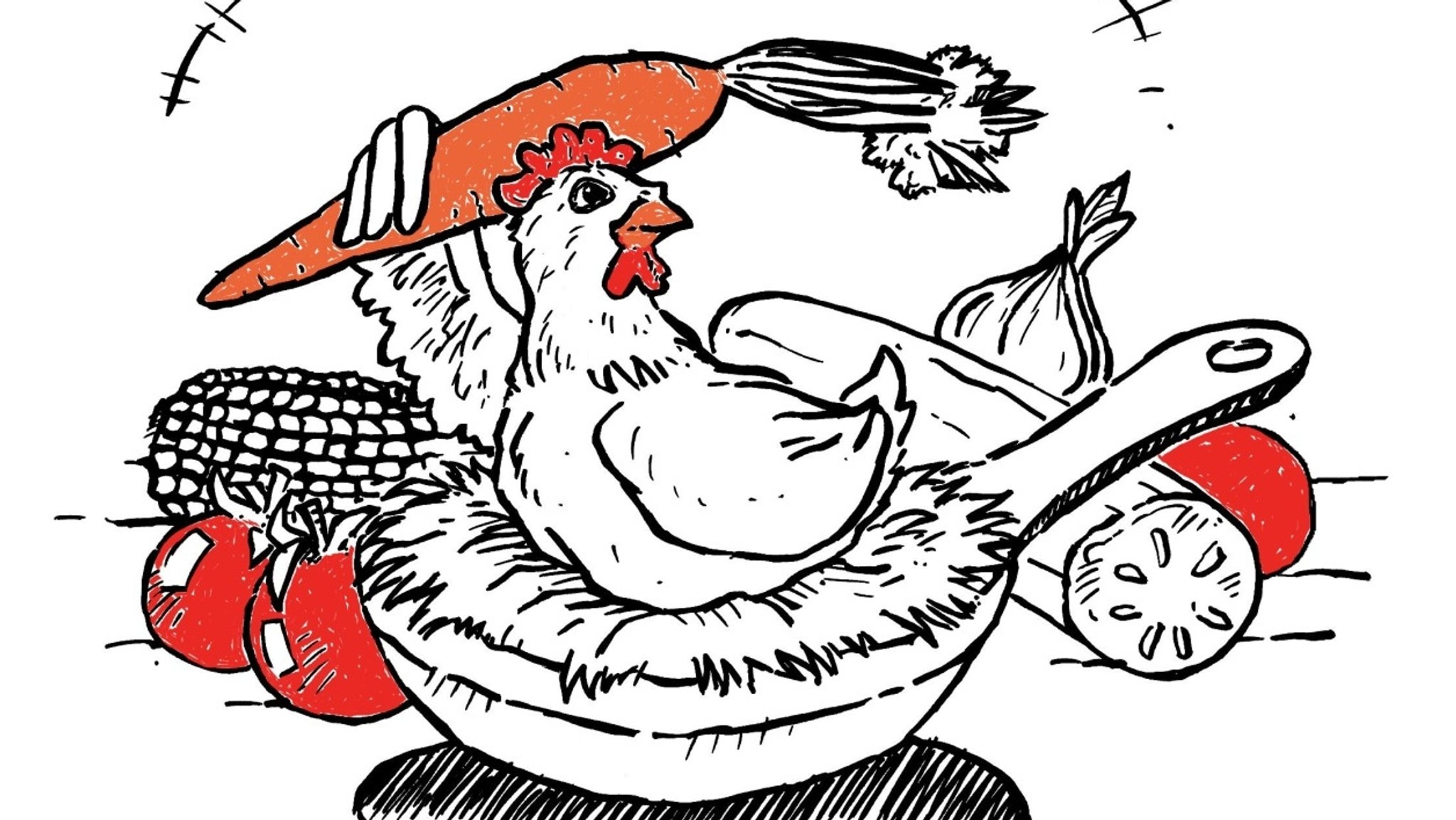 Eine Illustration: Eine Pfanne, in der Stroh ist, auf dem ein Huhn sitzt und eine Karotte mit dem Flügel hält.