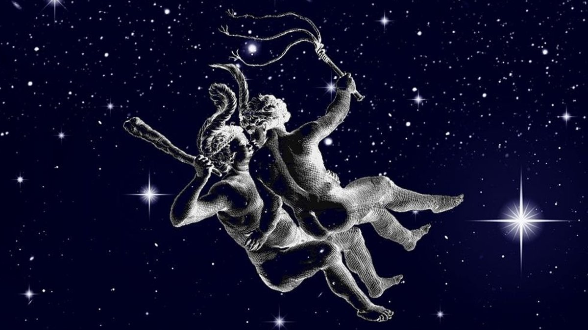 Symbolbild für das Sternbild Zwillinge vor dem Sternenhimmel | Bild: NASA/U.S. Naval Observatory's Library, colourbox.com Symbolbild für das Sternbild Zwillinge vor dem Sternenhimmel