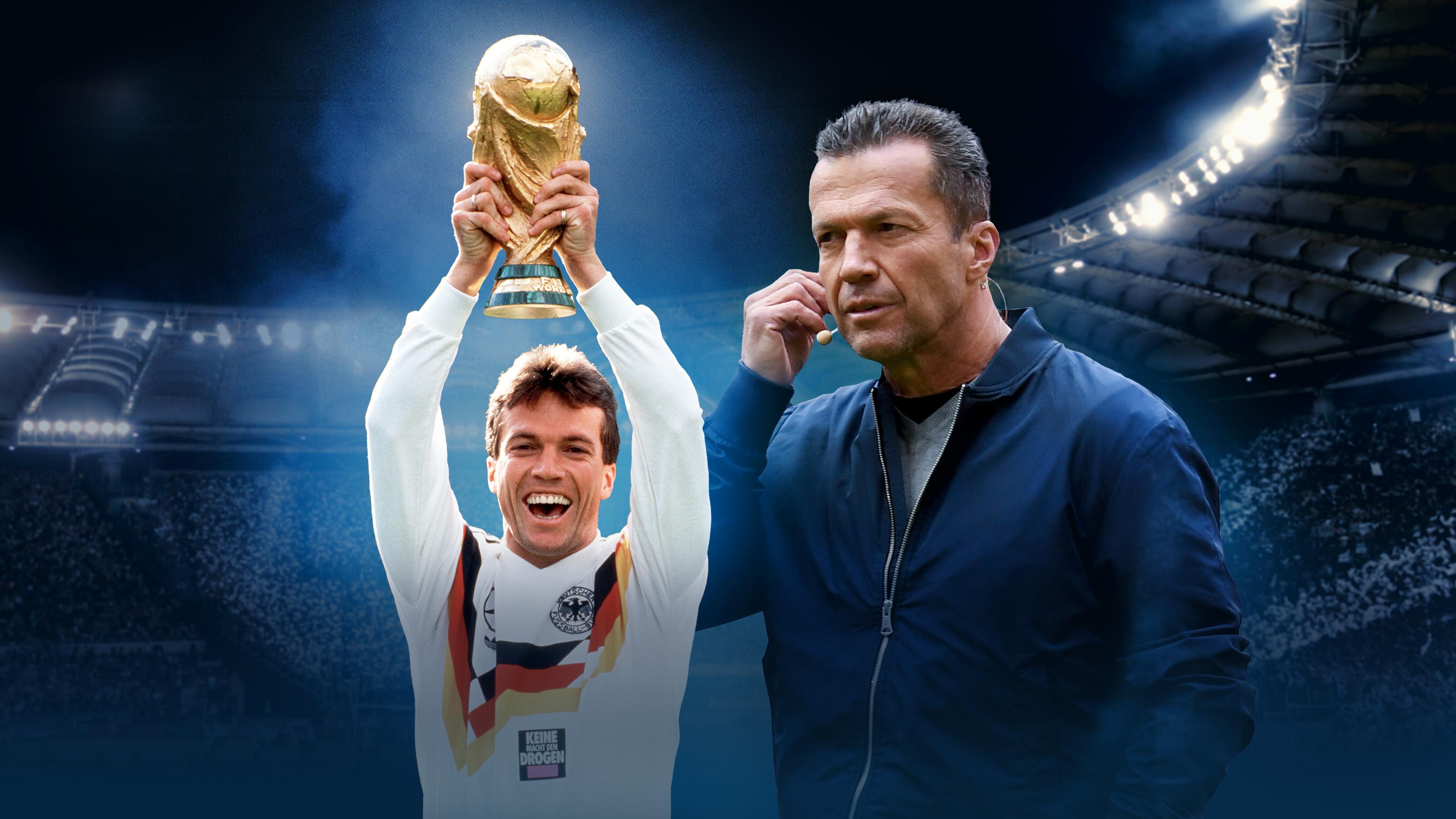 Bildmontage: Lothar Matthäus reckt WM-Pokal in die Luft, steht als Fußballexperte mit Mikrofon da.