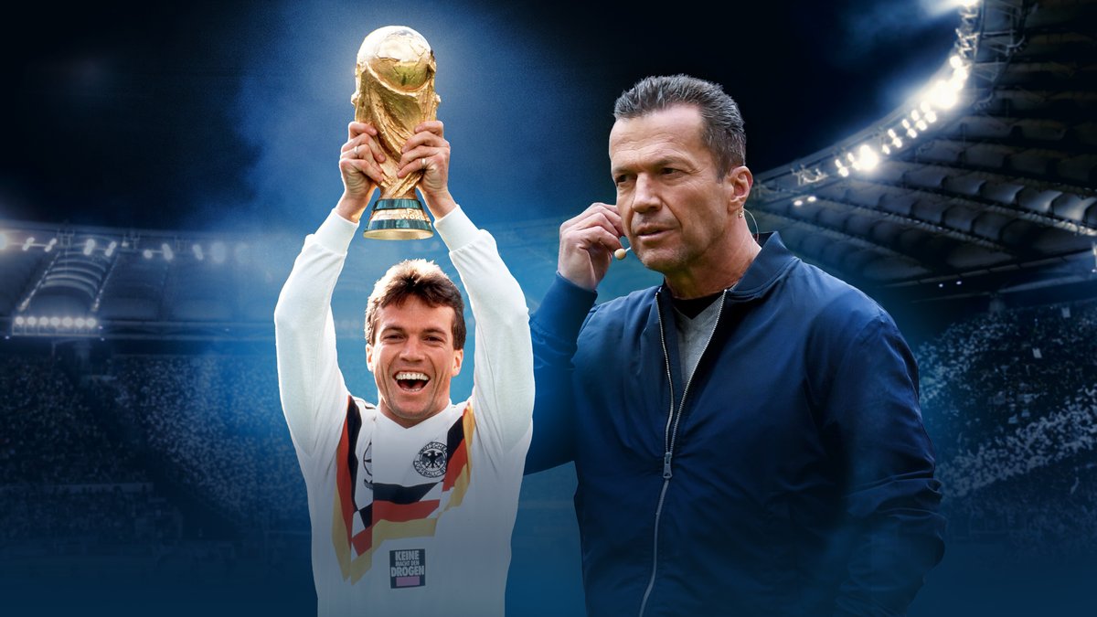 Bildmontage: Lothar Matthäus reckt WM-Pokal in die Luft, steht als Fußballexperte mit Mikrofon da.