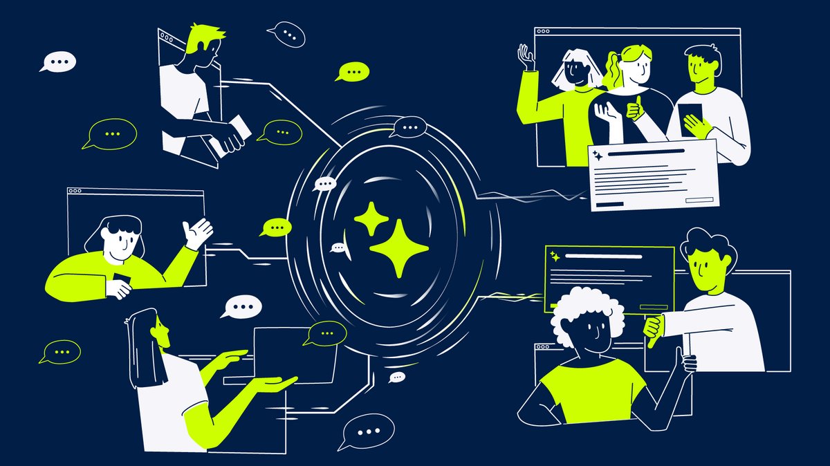 Eine Illustration, die Kommentatoren zeigt, die die KI symbolisiert, und die zeigt, wie Cluster von Kommentatoren gebildet wurden, samt Illustration der neuen Box.