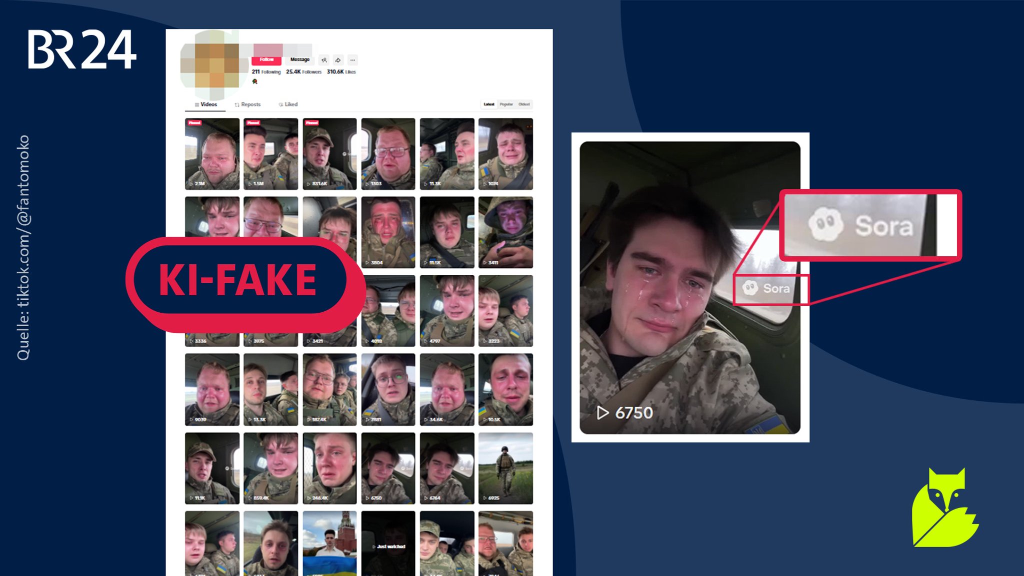 Screenshots von KI-Deepfakes von ukrainischen Soldaten, darüber der Stempel "KI-Fake".