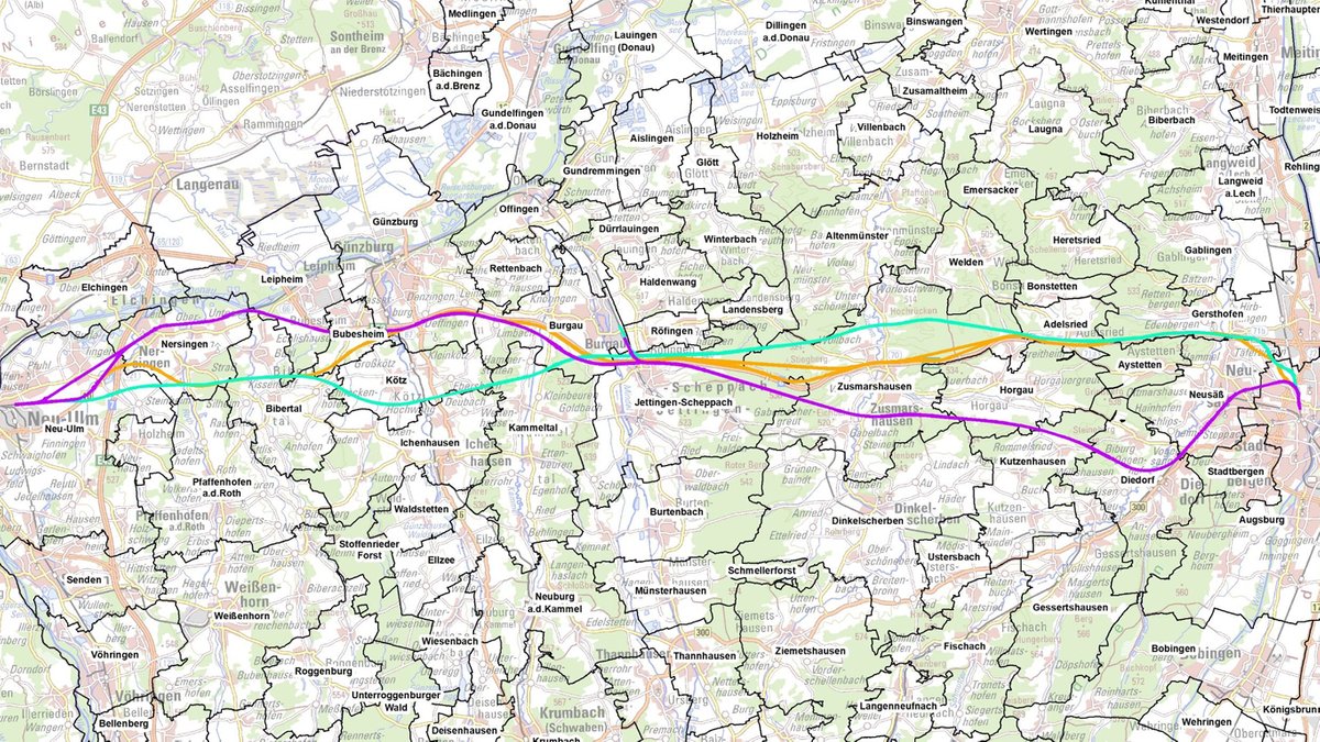 Karten mit den drei möglichen Verläufen der Bahntrasse Ulm - Augsburg 