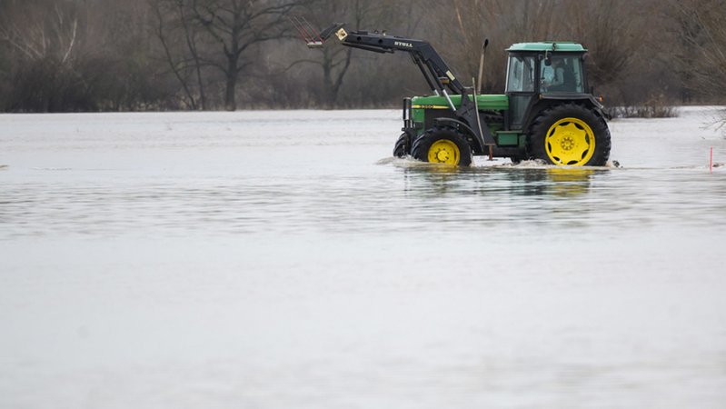 Ein Traktor fährt auf überfluteten Feldern in der Leinemasch in der südlichen Region Hannover. | Bild: dpa-Bildfunk/Julian Stratenschulte Ein Traktor fährt auf überfluteten Feldern in der Leinemasch in der südlichen Region Hannover.