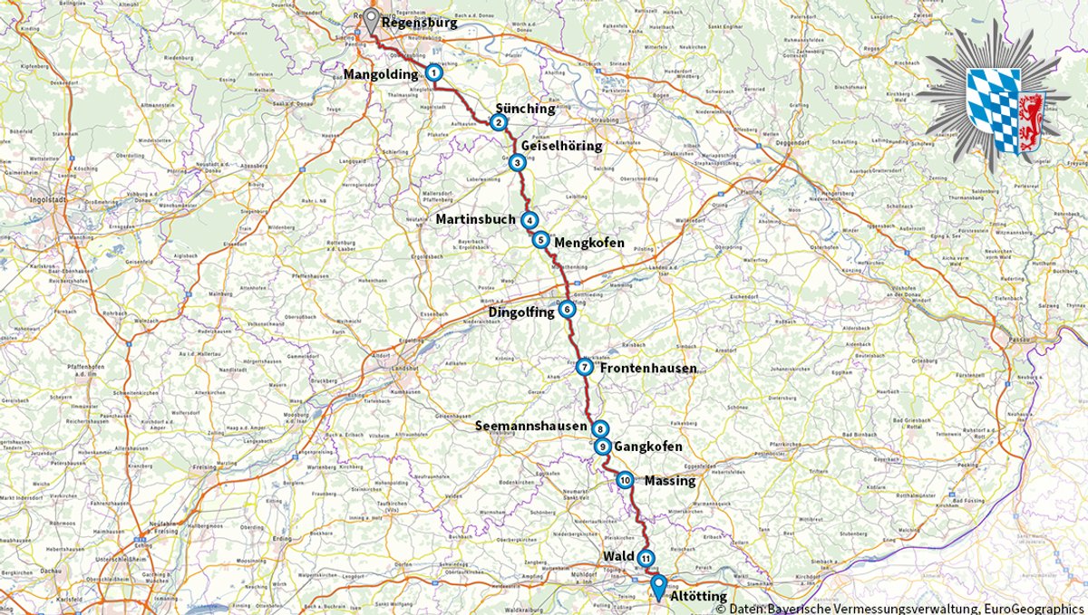 Der Weg der Fußwallfahrt von Regensburg nach Altötting