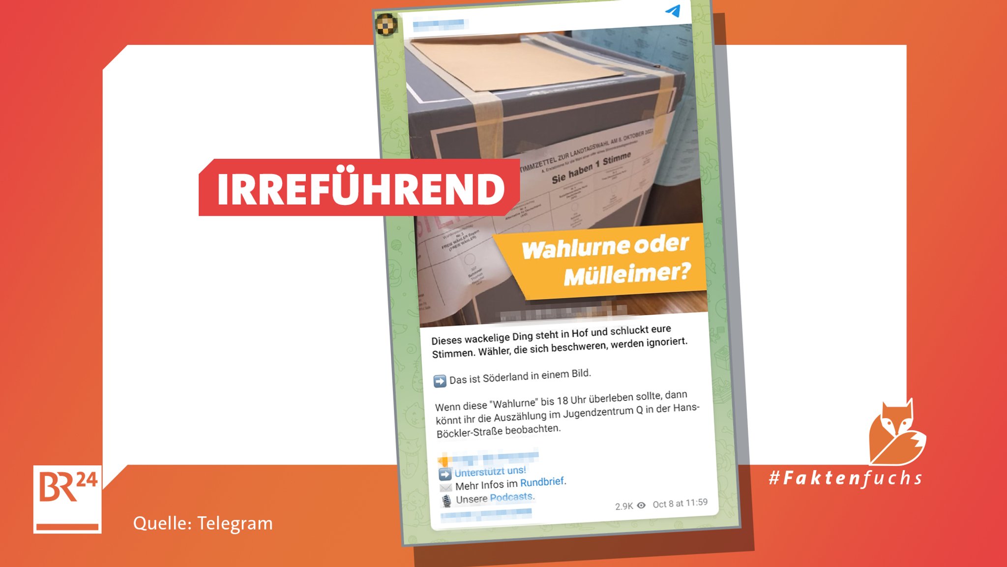 Screenshot eines  irreführenden Beitrags in einem Telegramkanal mit der Aufschrift "Wahlurne oder Mülleimer?"