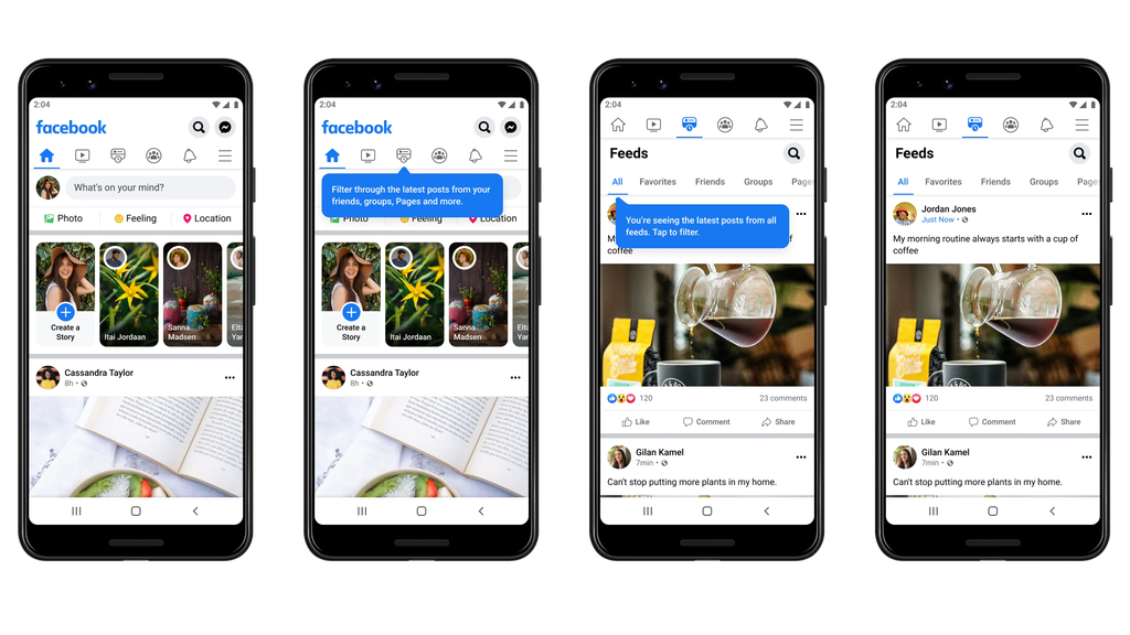 Vier Ansichten der neuen Facebook-App für Smartphones