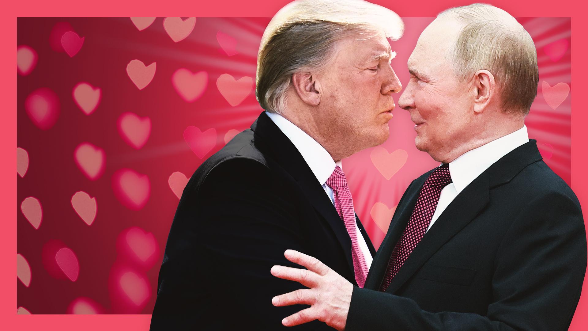 Links Donald Trump, der mit Kussmund auf Wladimir Putin (rechts) zugeht