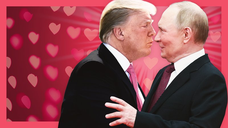 Links Donald Trump, der mit Kussmund auf Wladimir Putin (rechts) zugeht | Bild: picture alliance / newscom | PAT BENIC, picture alliance / ZUMAPRESS.com | Vladimir Smirnov, colourbox.com/52060, colourbox.com/323984; Montage: BR Links Donald Trump, der mit Kussmund auf Wladimir Putin (rechts) zugeht