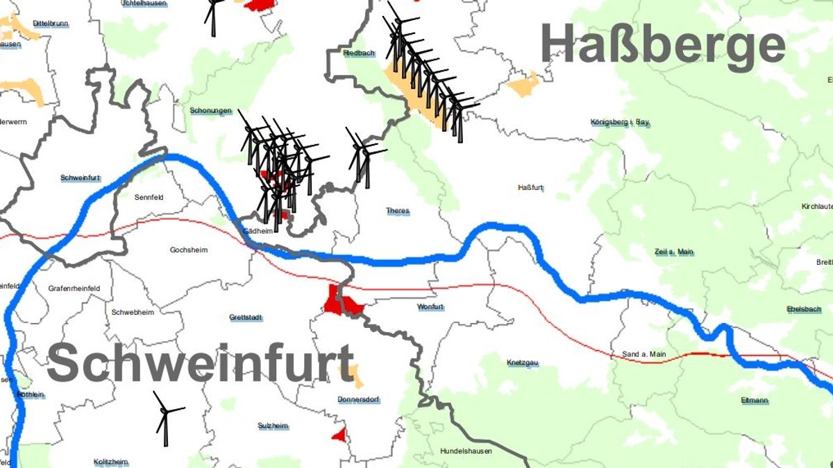 Auschnitt Karte Windkraft in Unterfranken mit bestehenden Anlagen und dem rot markierten Windvorranggebiet 19 bei Donnersdorf im Zentrum