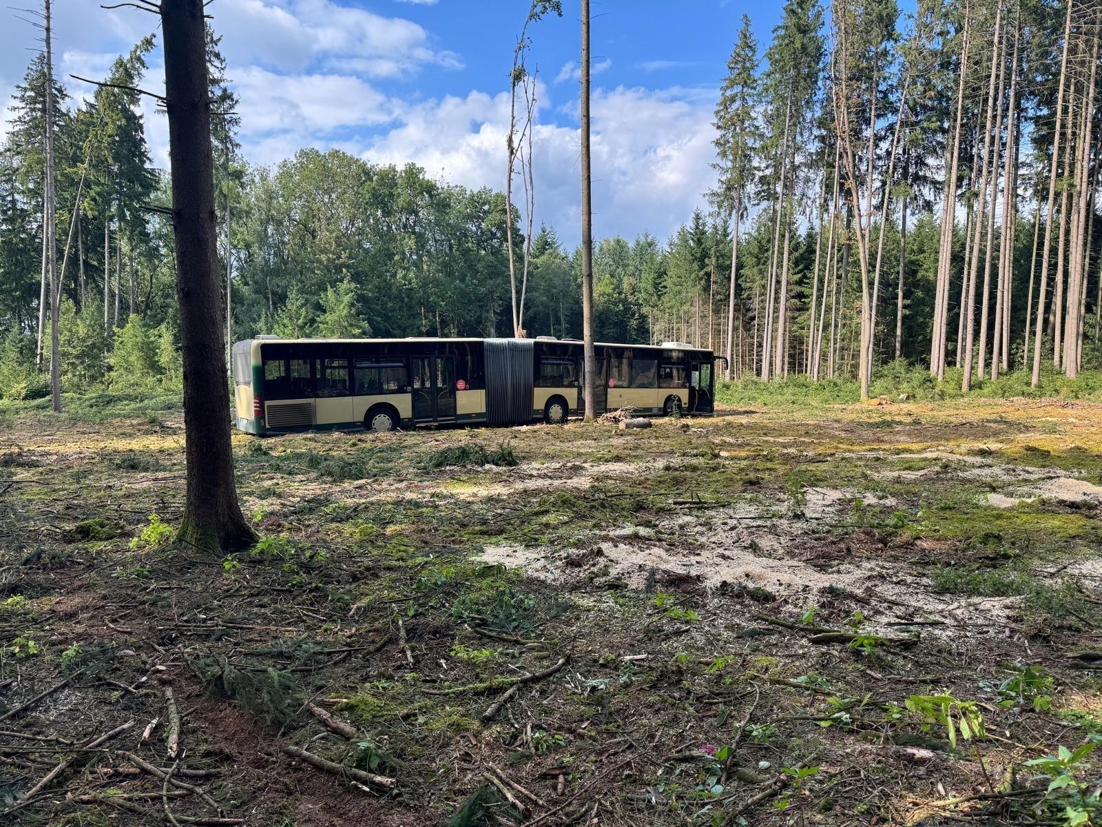Steckengebliebener Bus in einem Waldstück bei Dorfen
