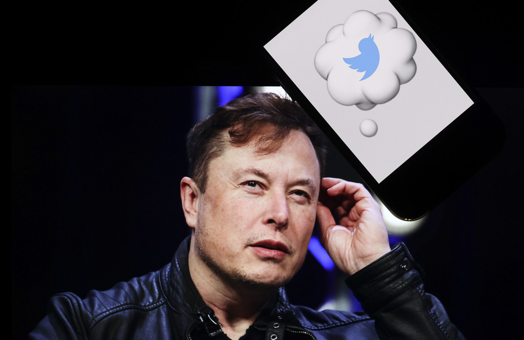 Elon Musk mit Denkblase