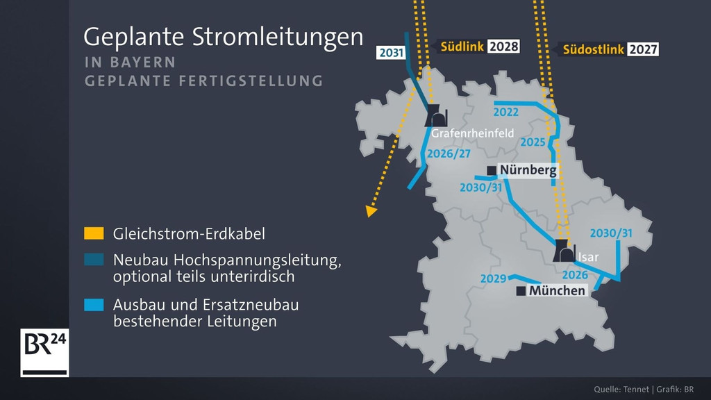 Karte zu geplanten Stromleitungen in Bayern