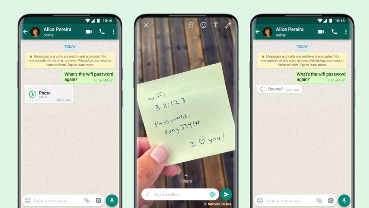 Drei Smartphone-Screens, auf denen WhatsApps "View Once"-Funktion demonstriert wird