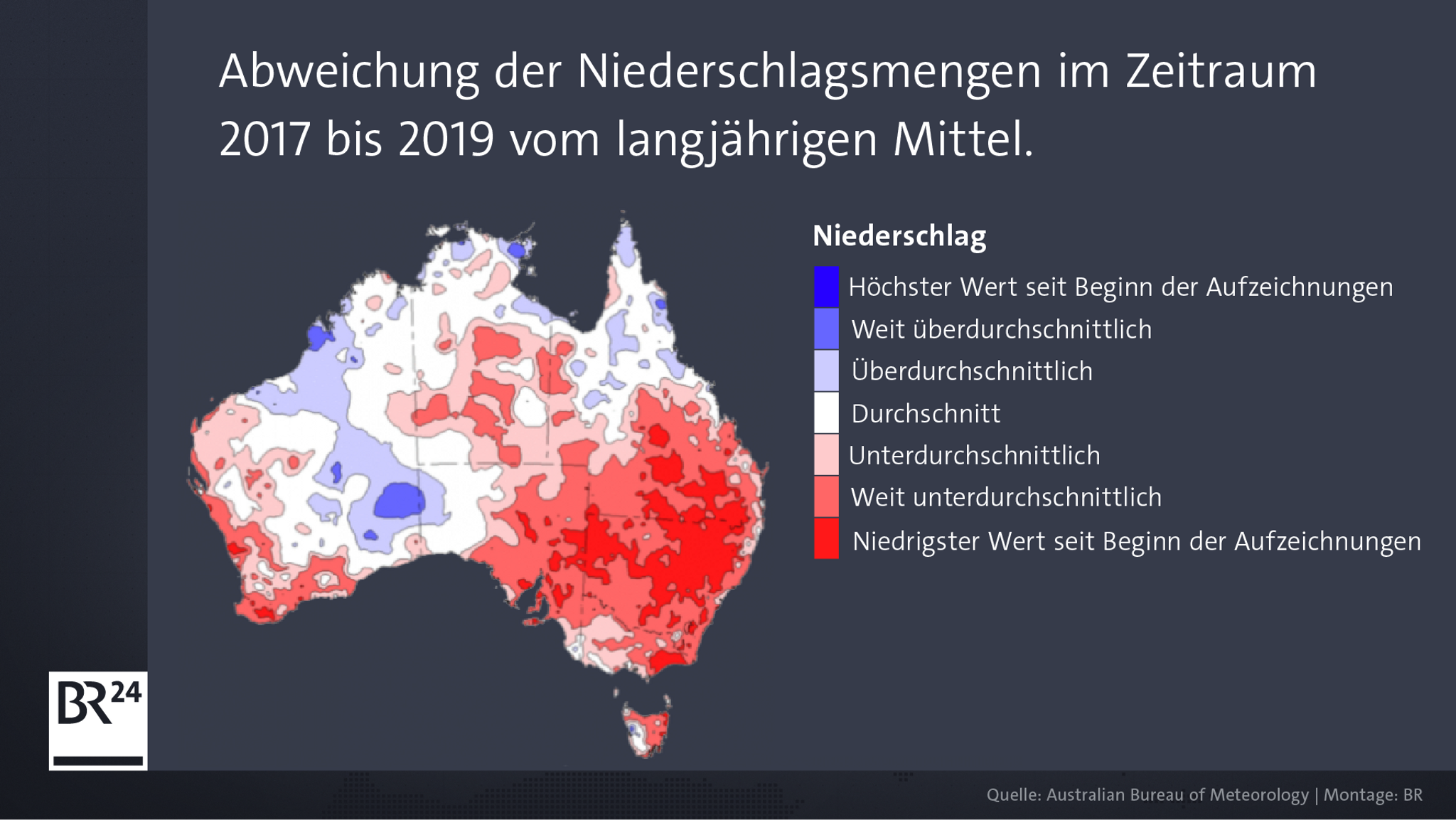 Die Grafik zeigt, wo es in Australien zuletzt mehr geregnet hat als üblich (blau) und wo weniger (rot).