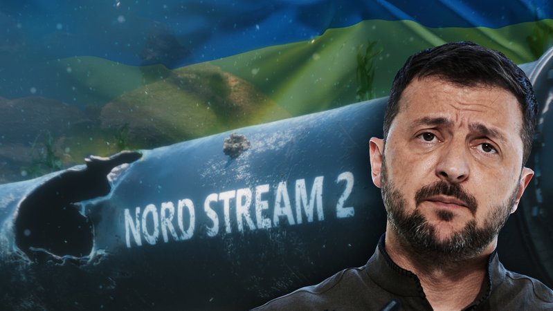 Selenskyj vor der gesprengten Nord Stream Pipeline | Bild: Flagge Ukraine:colourbox Selenskyj vor der gesprengten Nord Stream Pipeline