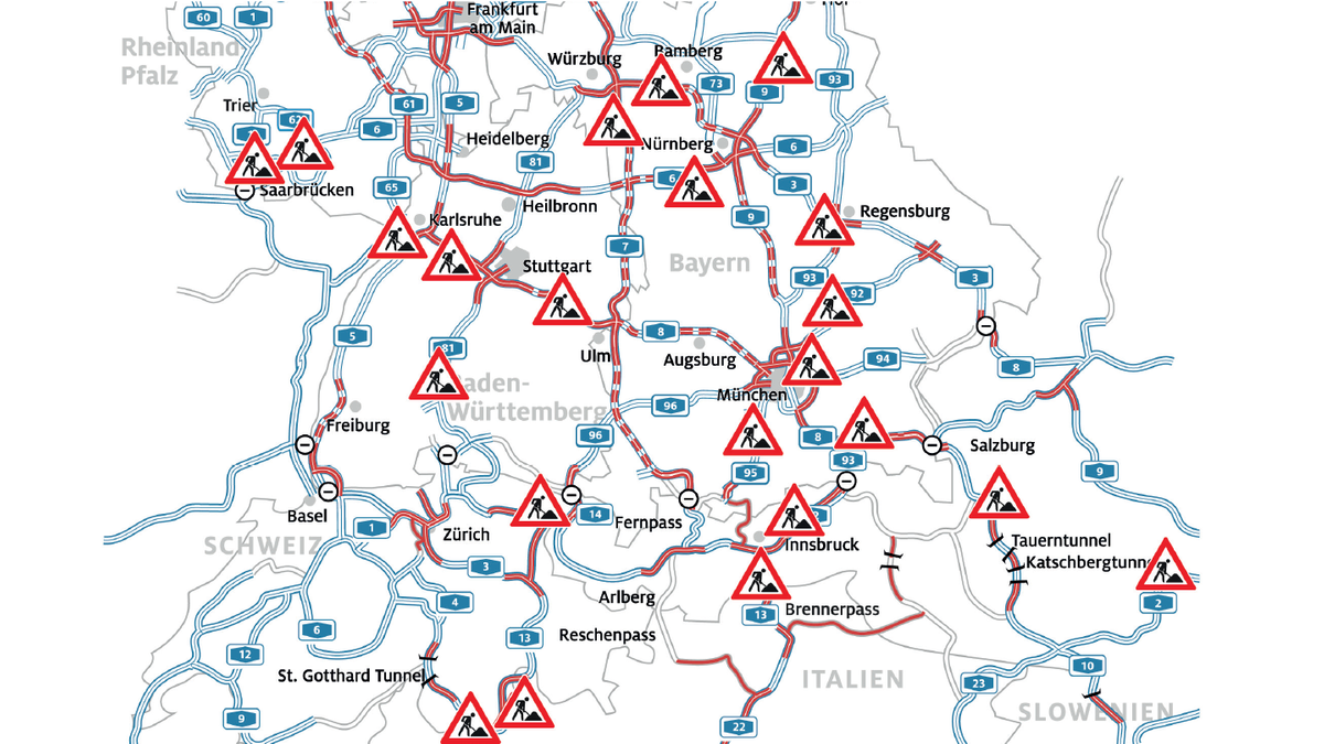Eine Karte zeigt Bayerns Autobahnen mit vielen Baustellen und staugefährdeten Abschnitten