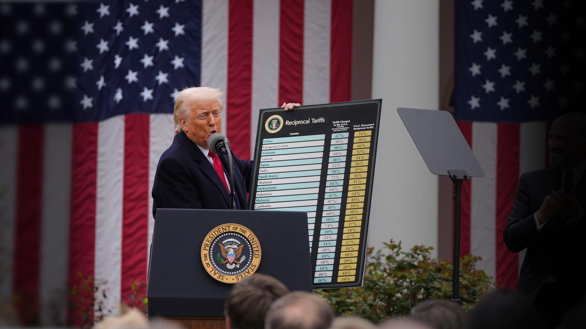 US-Präsident Donald Trump bei der Verkündung neuer US-Zölle im Rosengarten des Weißen Hauses in Washington.