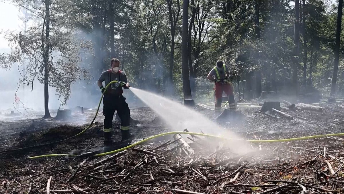 Rettungskräfte löschen einen Waldbrand bei Heimbuchenthal im Landkreis Aschaffenburg