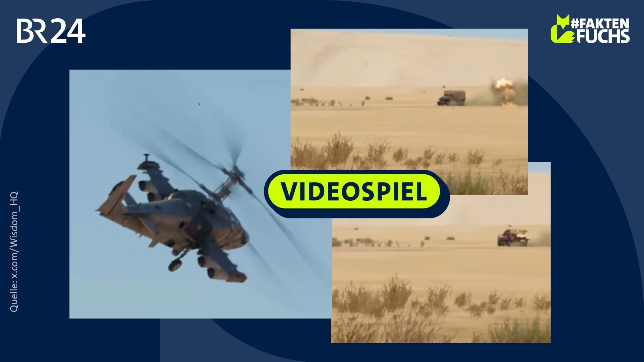 Screenshots einer Bildschirmaufnahme eines Videospiels – links ein Helikopter, rechts ein Lastwagen, der beschossen wird. | Bild: x.com/Wisdom_HQ; Montage: BR Screenshots einer Bildschirmaufnahme eines Videospiels – links ein Helikopter, rechts ein Lastwagen, der beschossen wird.