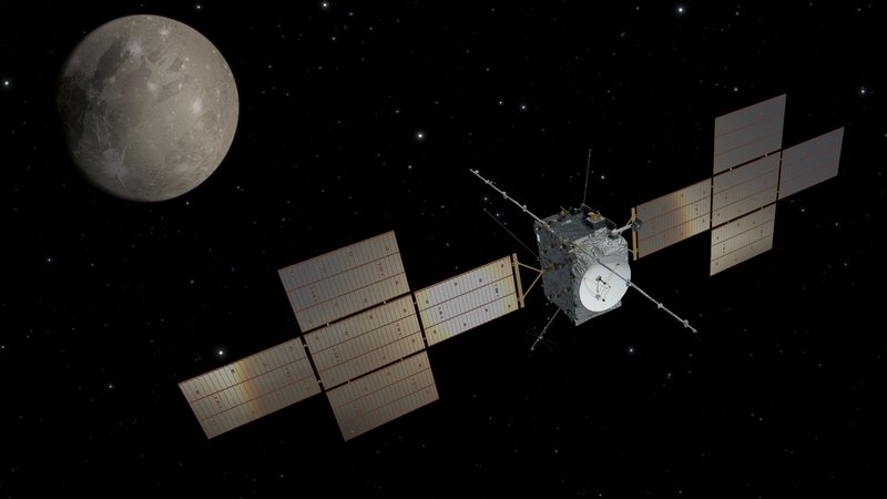 Collage der Raumsonde JUICE vor einem der Jupitermonde | Bild: ESA / NASA / JPL / DL Collage der Raumsonde JUICE vor einem der Jupitermonde