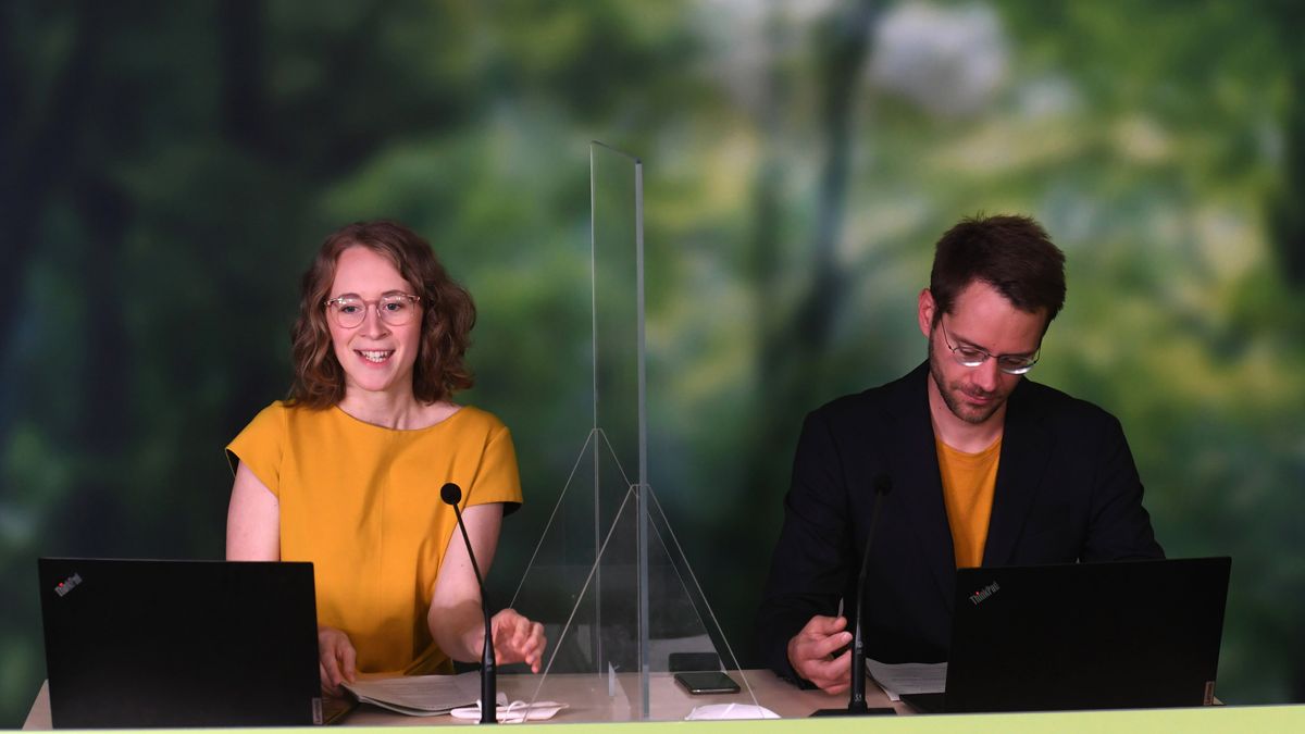 Eva Lettenbauer und ihr Co-Vorsitzender Thomas von Sarnowski beim Online-Parteitag der Grünen im Juli 2021