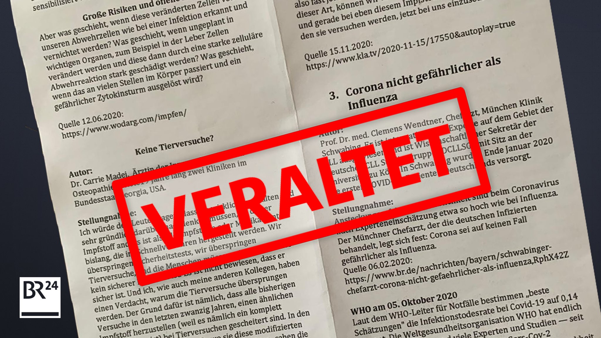 Flyer mit dem Stempel "Veraltet": Hier werden überholte Zitate von Wissenschaftlern aus dem Zusammenhang gerissen