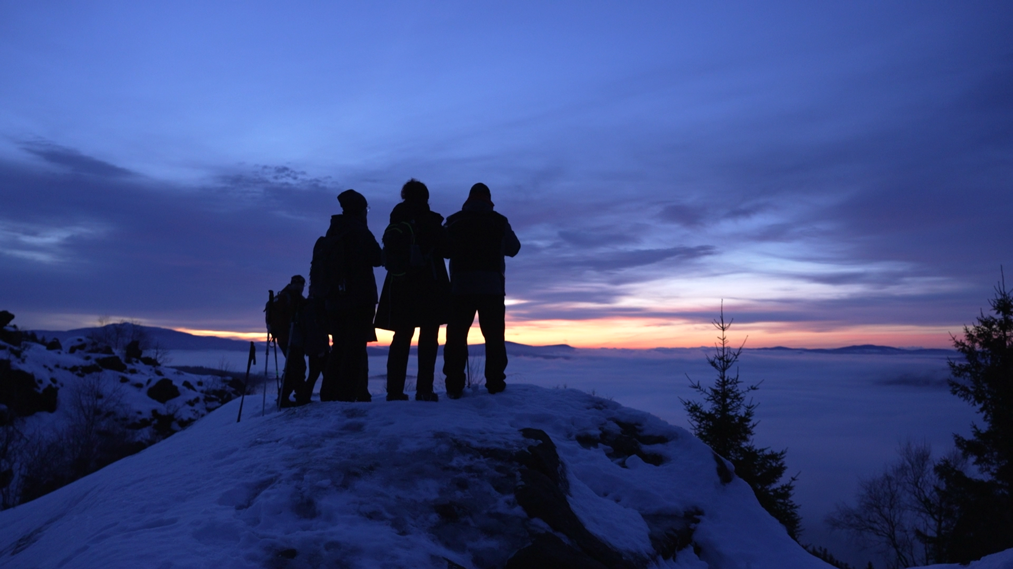 Eine kleine Wandergruppe wartet am Silberberg im Bayerischen Wald auf den Sonnenaufgang. | Bild: BR/Simon Sonner Eine kleine Wandergruppe wartet am Silberberg im Bayerischen Wald auf den Sonnenaufgang.