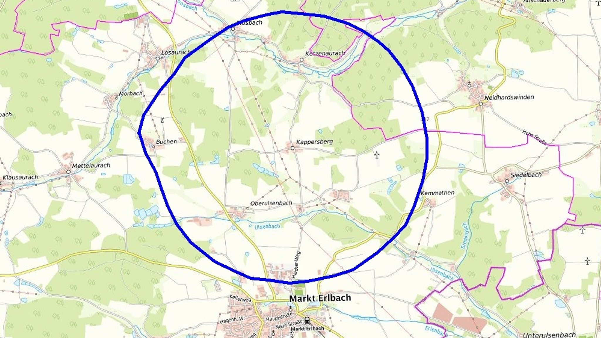 Eine Landkarte mit einem blauen Kreis, der die AFB-Verdachtszone markiert. | Bild: Landratsamt Neustadt a.d.Aisch-Bad Windsheim Eine Landkarte mit einem blauen Kreis, der die AFB-Verdachtszone markiert.