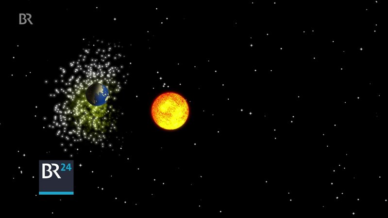Illustration der Erde, die den Perseiden-Strom kreuzt, Schweifspuren eines Kometen