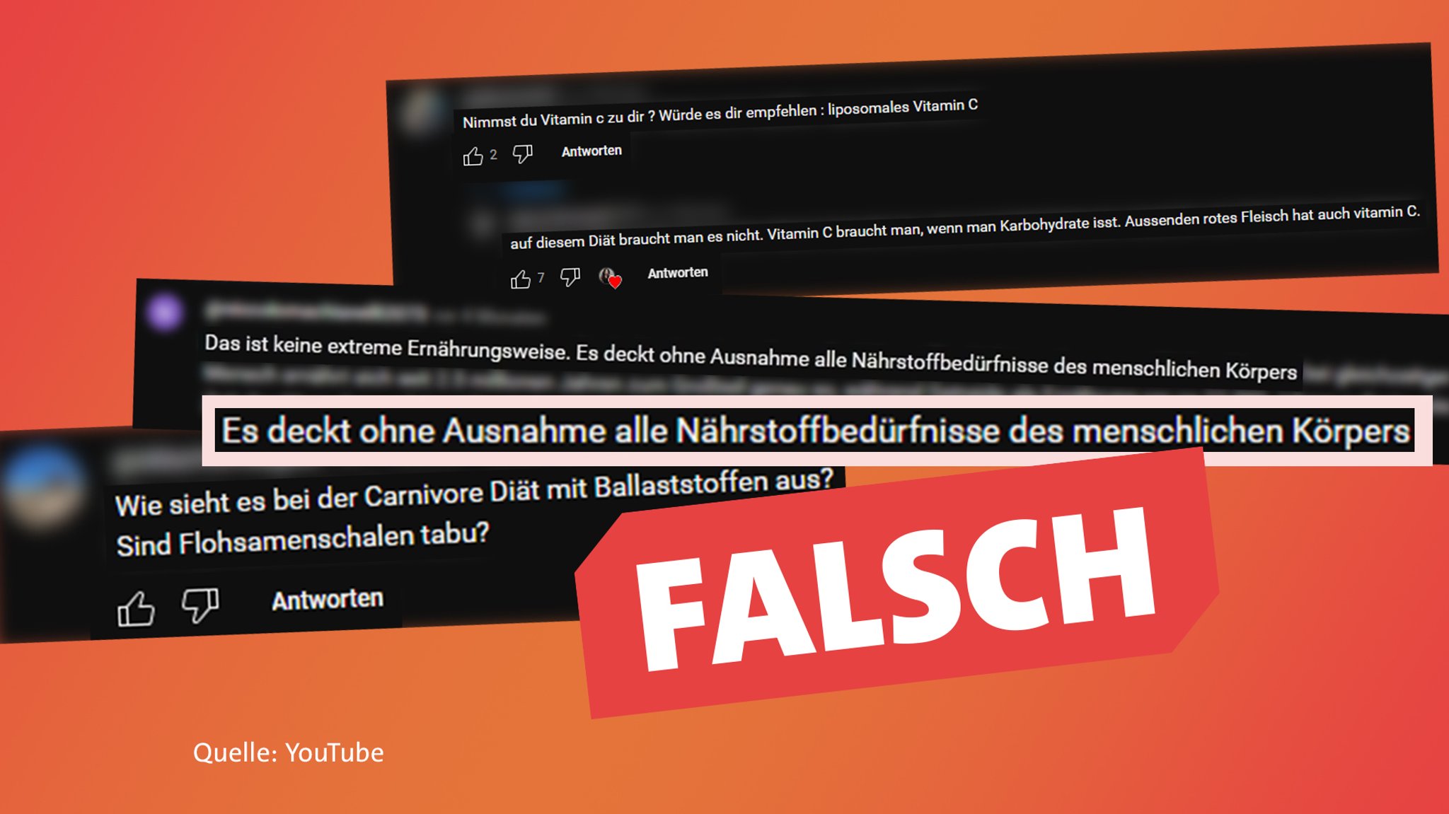 Mehrere YouTube-Kommentare, in denen Nutzer sich über Nährstoffe in tierischen Lebensmitteln austauschen. Ein Kommentar ist hervorgehoben, in dem ein Nutzer behauptet, die karnivore Ernährung decke ohne Ausnahme alle Nährstoffbedürfnisse des menschlichen Körpers. Aber das ist falsch.