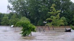 Eine Wiese mit einem Spielplatz ist überflutet. | Bild:picture alliance/dpa | Sven Hoppe