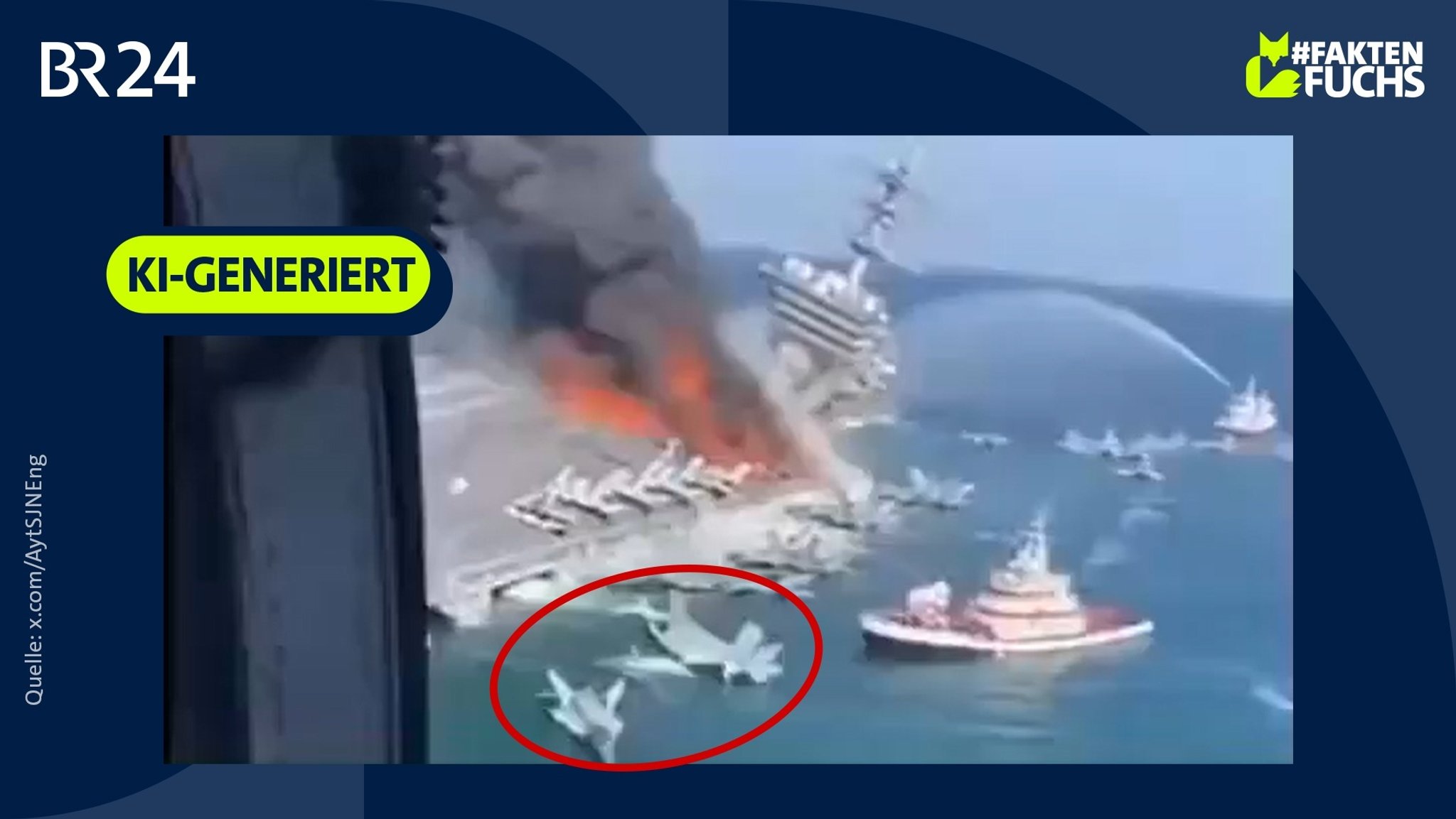 Screenshot eines KI-Videos, in dem angeblich der US-Flugzeugträger "Abraham Lincoln" sinkt. | Bild: x.com/Ayt5JNEng; Montage: BR Screenshot eines KI-Videos, in dem angeblich der US-Flugzeugträger "Abraham Lincoln" sinkt.