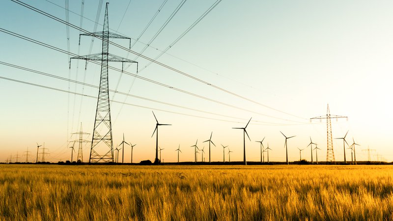 Strommasten und Windräder im Abendlicht mit einem Kornfeld im Vordergrund. | Bild: stock.adobe.com/ kflgalore Strommasten und Windräder im Abendlicht mit einem Kornfeld im Vordergrund.