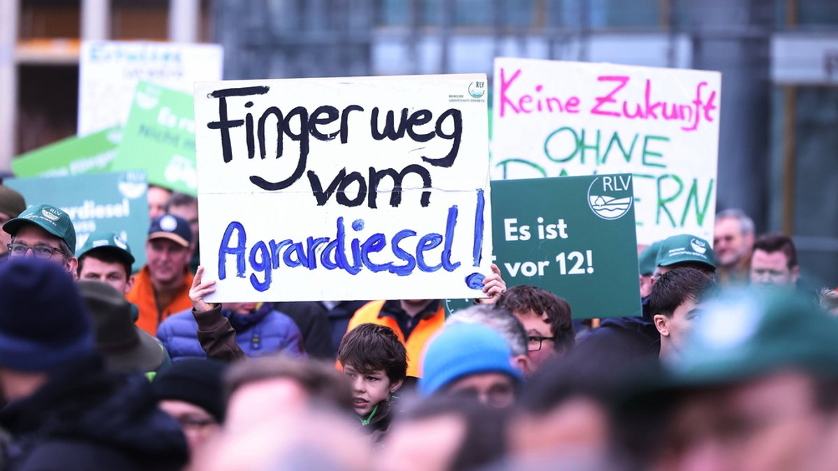 Archiv (30.01.2024) Nordrhein-Westfalen, Düsseldorf: "Finger weg vom Agrardiesel" steht auf einem Plakat bei einer Demonstration von Landwirten am Stadttor. 