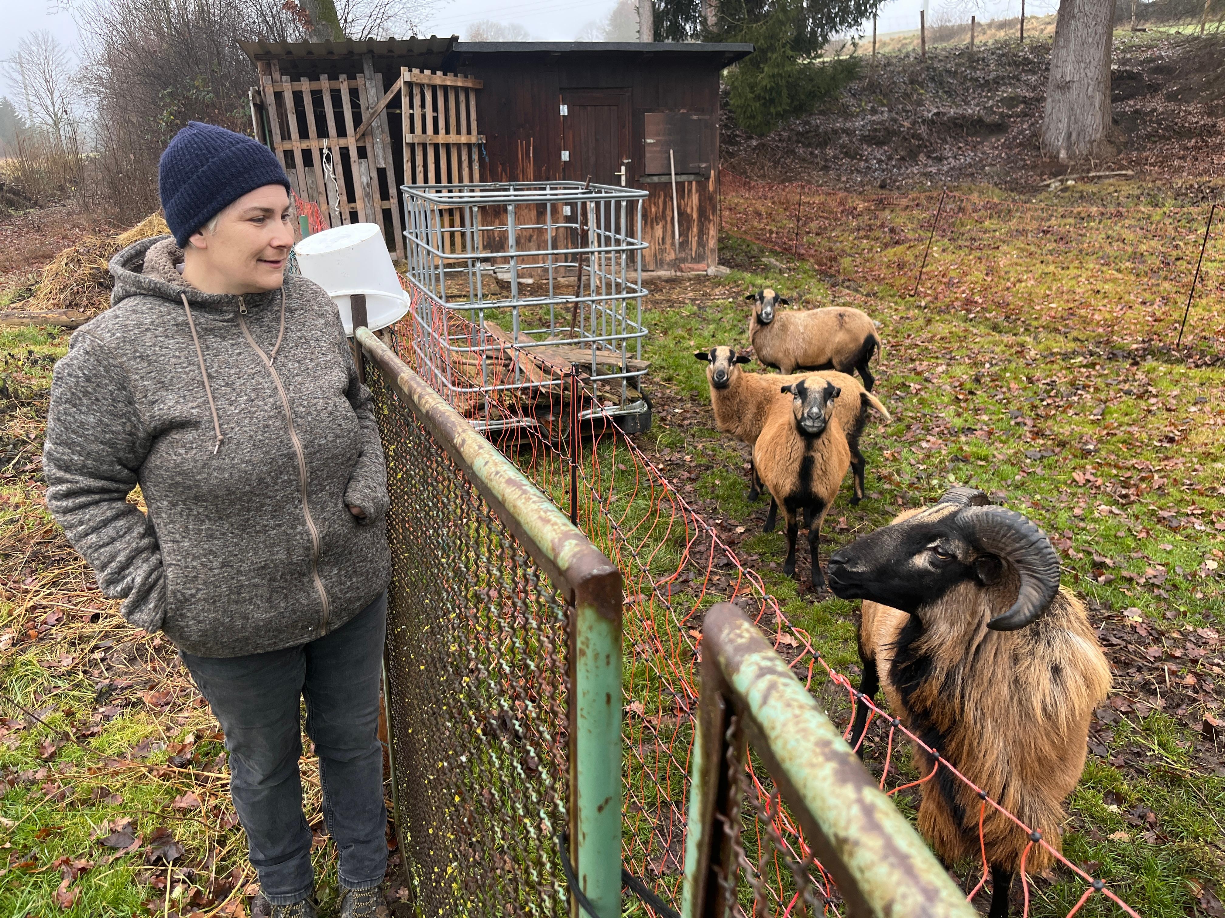 Manuela Huber steht am Gatter bei ihren Ziegen in Ziemetshausen (Landkreis Günzburg).