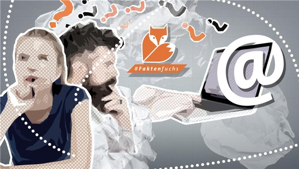 Grafik mit einem Mann und einer Frau sowie Händen an einem Laptop und dem Faktenfuchs-Logo