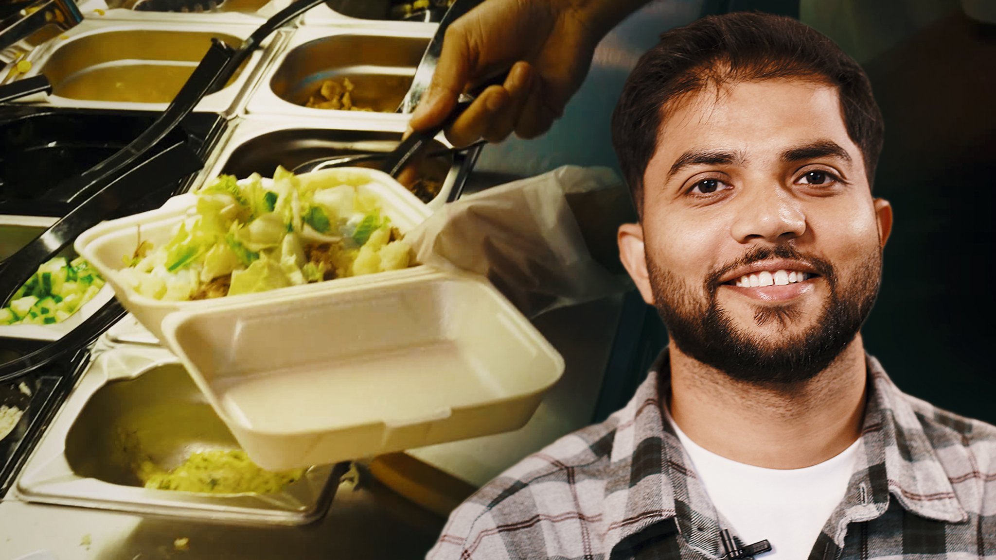 Ein Mann vor einem befülltem Take-Away Behälter 