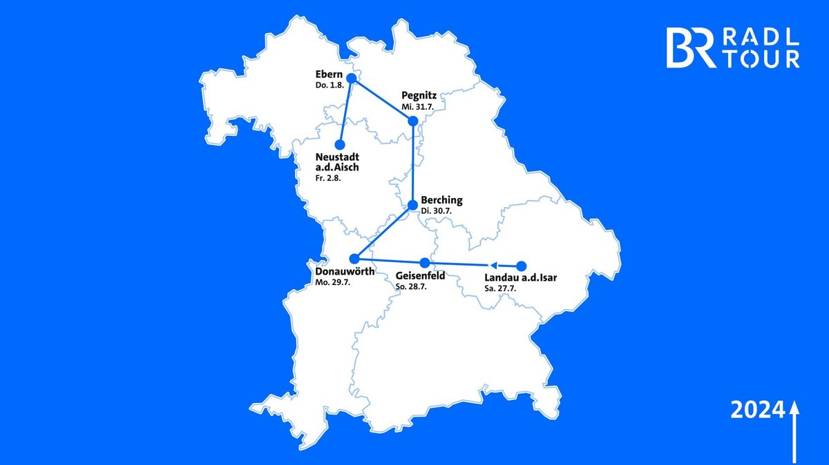 Die Karte zeigt die Route der BR-Radltour 2024, die in Landau nach Neustadt a.d. Aisch beginnt und im mittelfränkischen Neustadt a. d. Aisch endet,