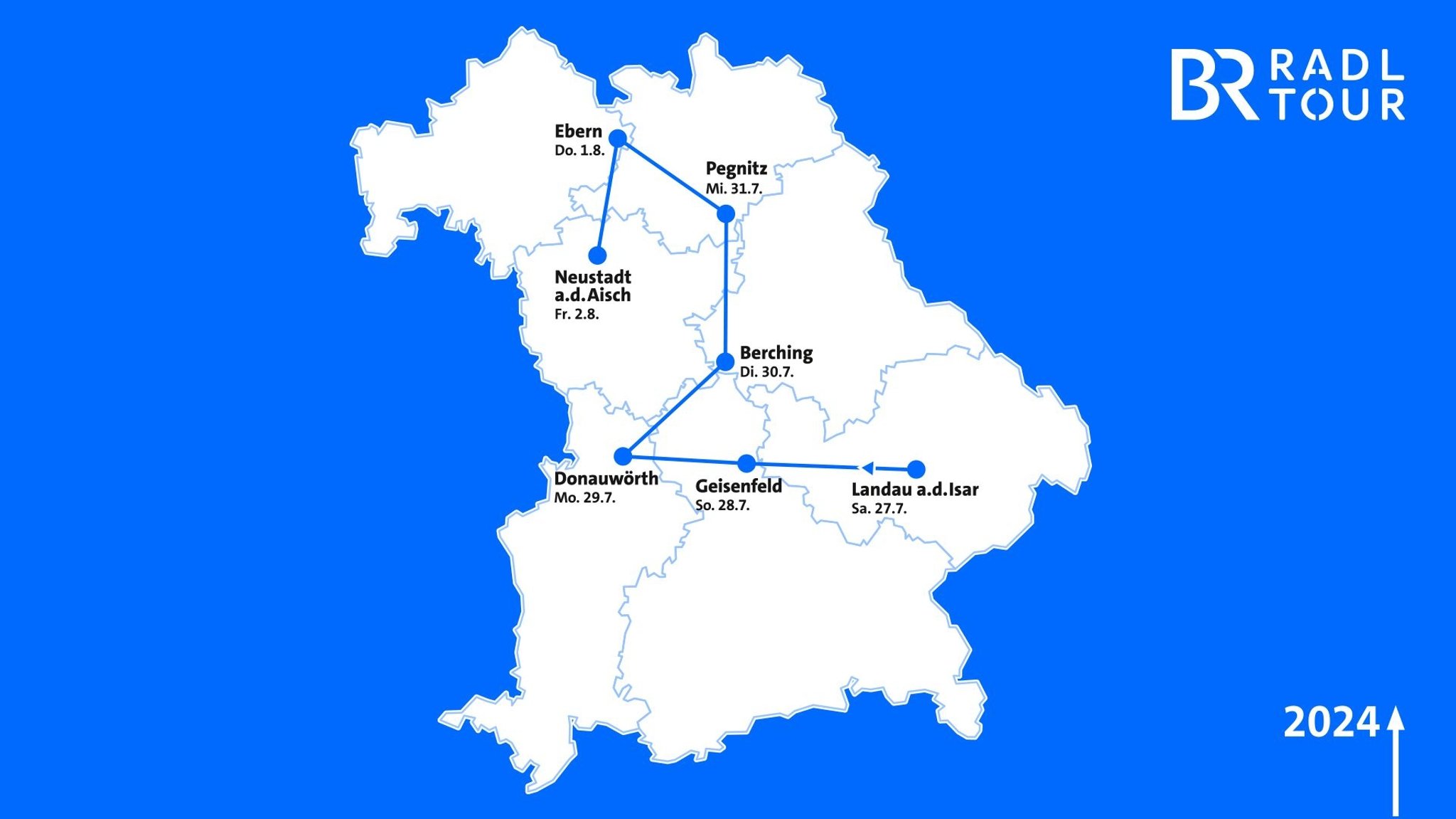 Die Karte zeigt die Route der BR-Radltour 2024, die in Landau a.d. Isar beginnt und im mittelfränkischen Neustadt a. d. Aisch endet