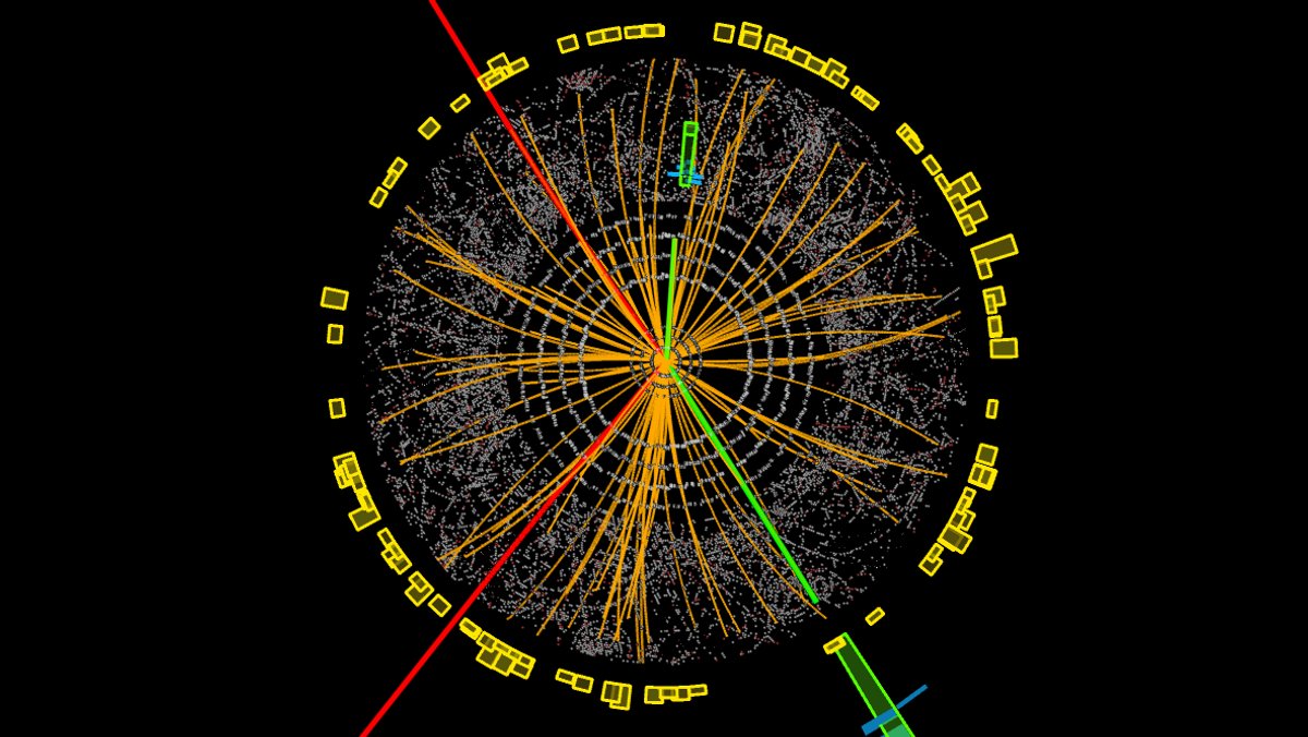 Vor zehn Jahren wurde das Higgs-Teilchen entdeckt. Sehen kann man es nie - aber in Teilchenzerfällen, so wie hier gezeigt, nachweisen. 