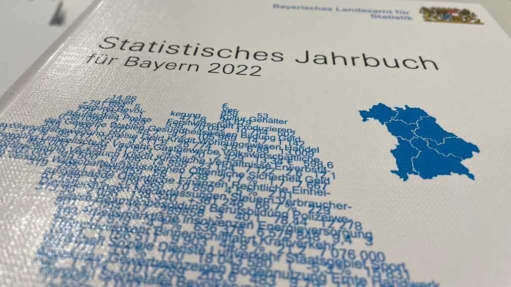 Umrisse von Bayern auf einem weißen Buch mit der Aufschrift "Statistisches Jahrbuch für Bayern 2022".