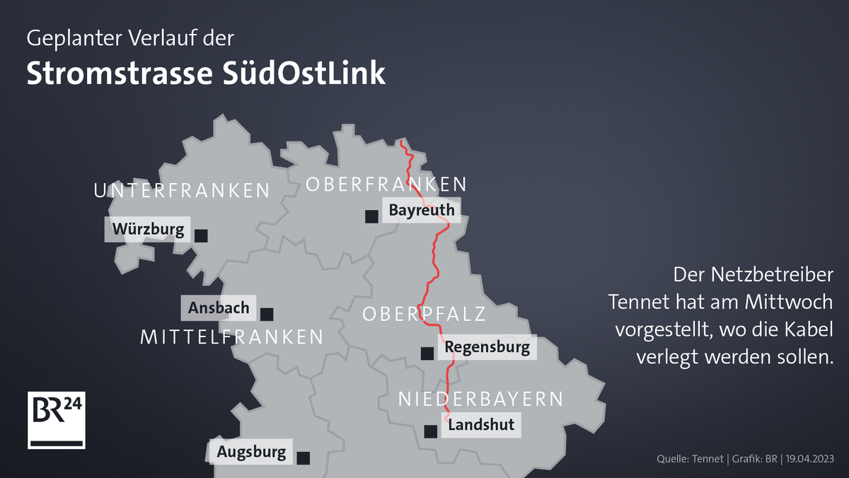 Der Südostlink soll grünen Strom nach Bayern bringen. Er verläuft durch Oberfranken, die Oberpfalz und Niederbayern.