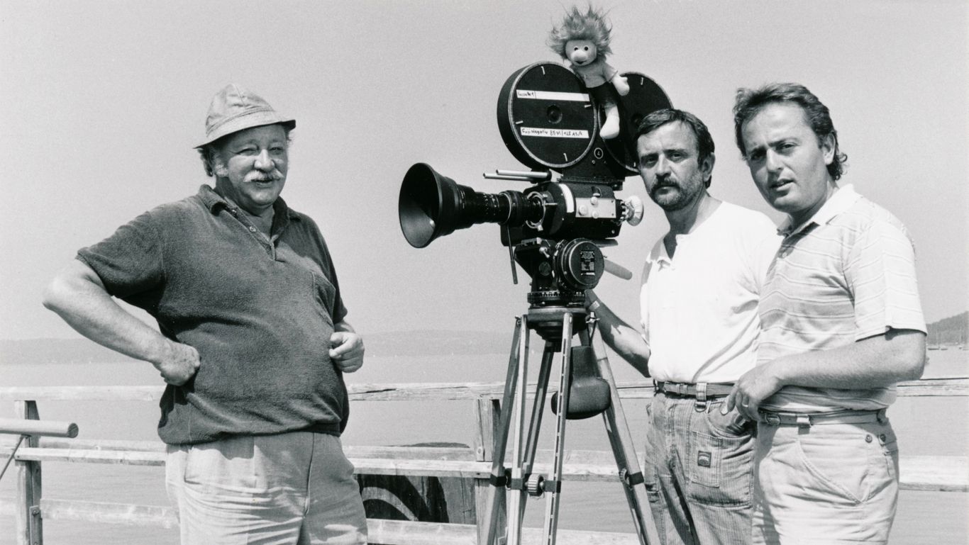 Dreharbeiten für die Pumuckl Fernsehserie mit Gustl Bayrhammer (li.) und Regisseur Ulrich König (r.).