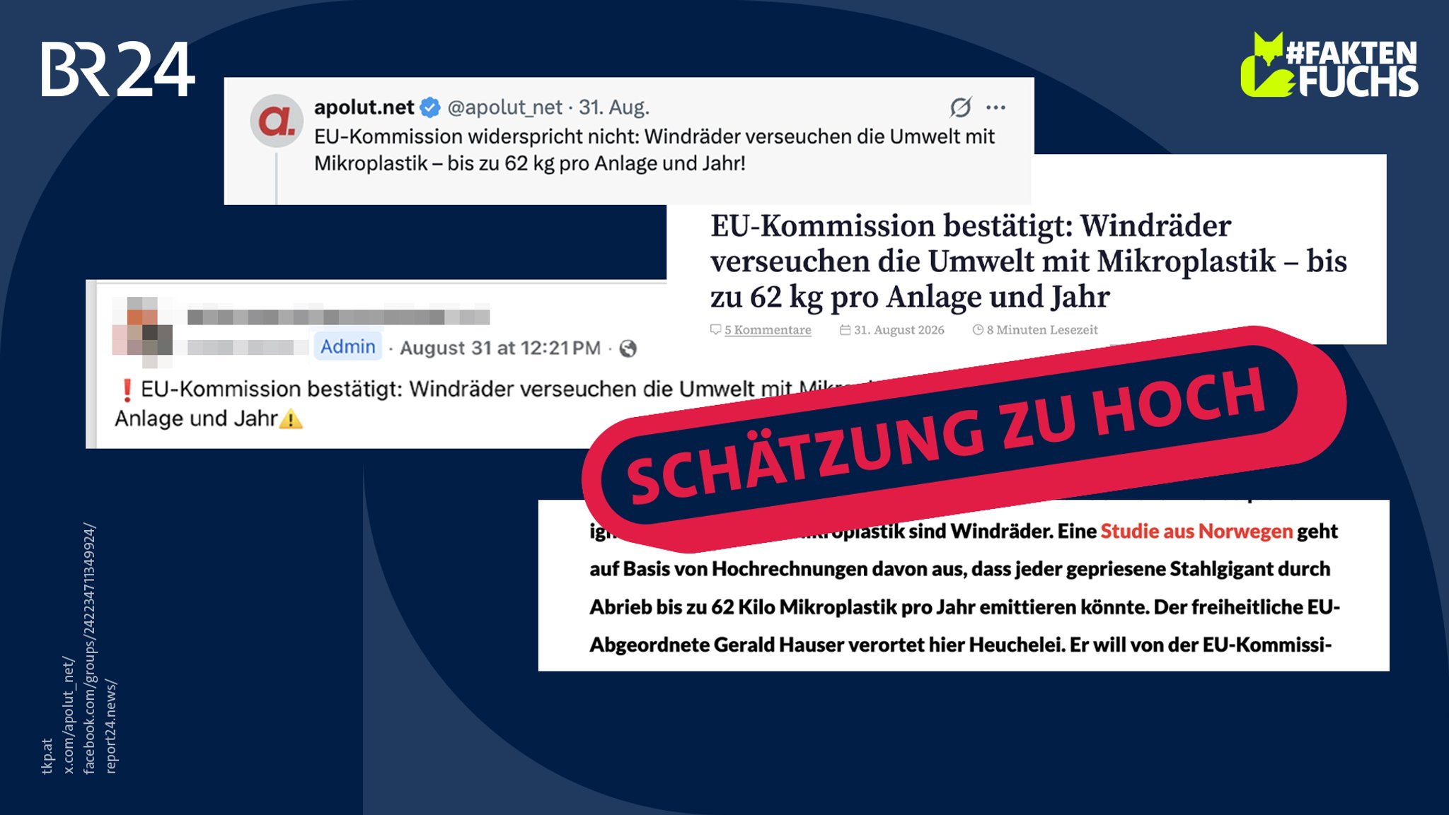 Screenshots von Posts und Blog-Beiträgen | Bild: BR Grafik / tkp.at / x.com/apolut_net / facebook.com/groups/242234711349924/ report24.news/ Screenshots von Posts und Blog-Beiträgen