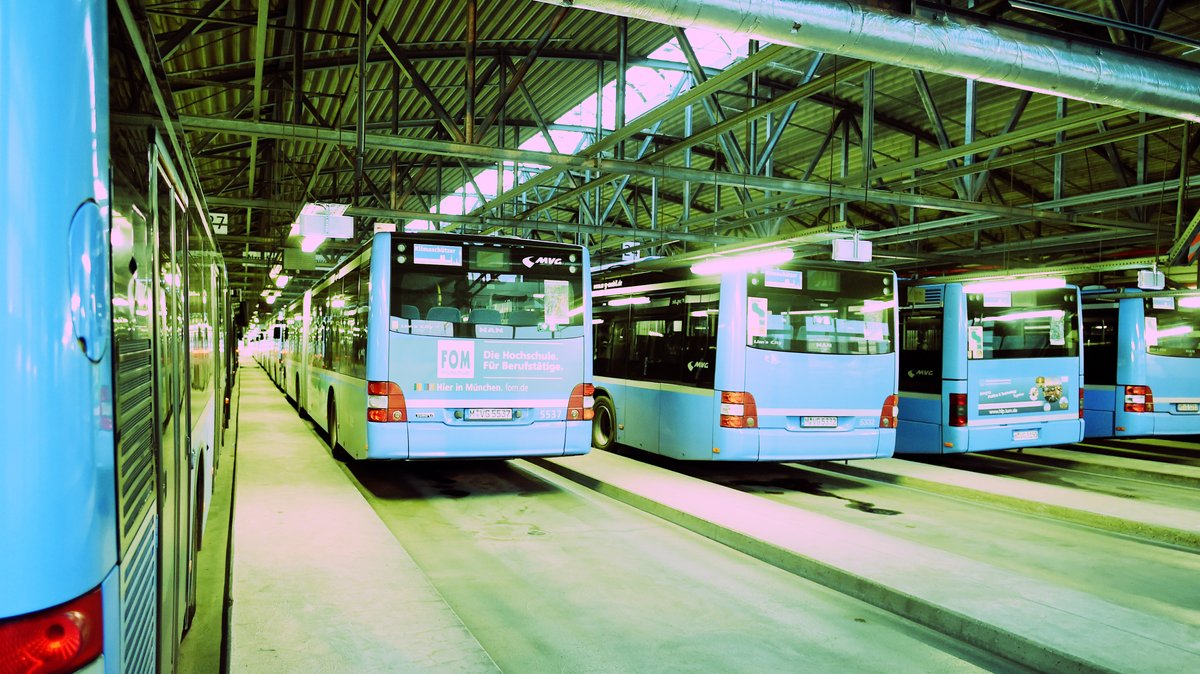 Busse in München stehen in einer Werkshalle.