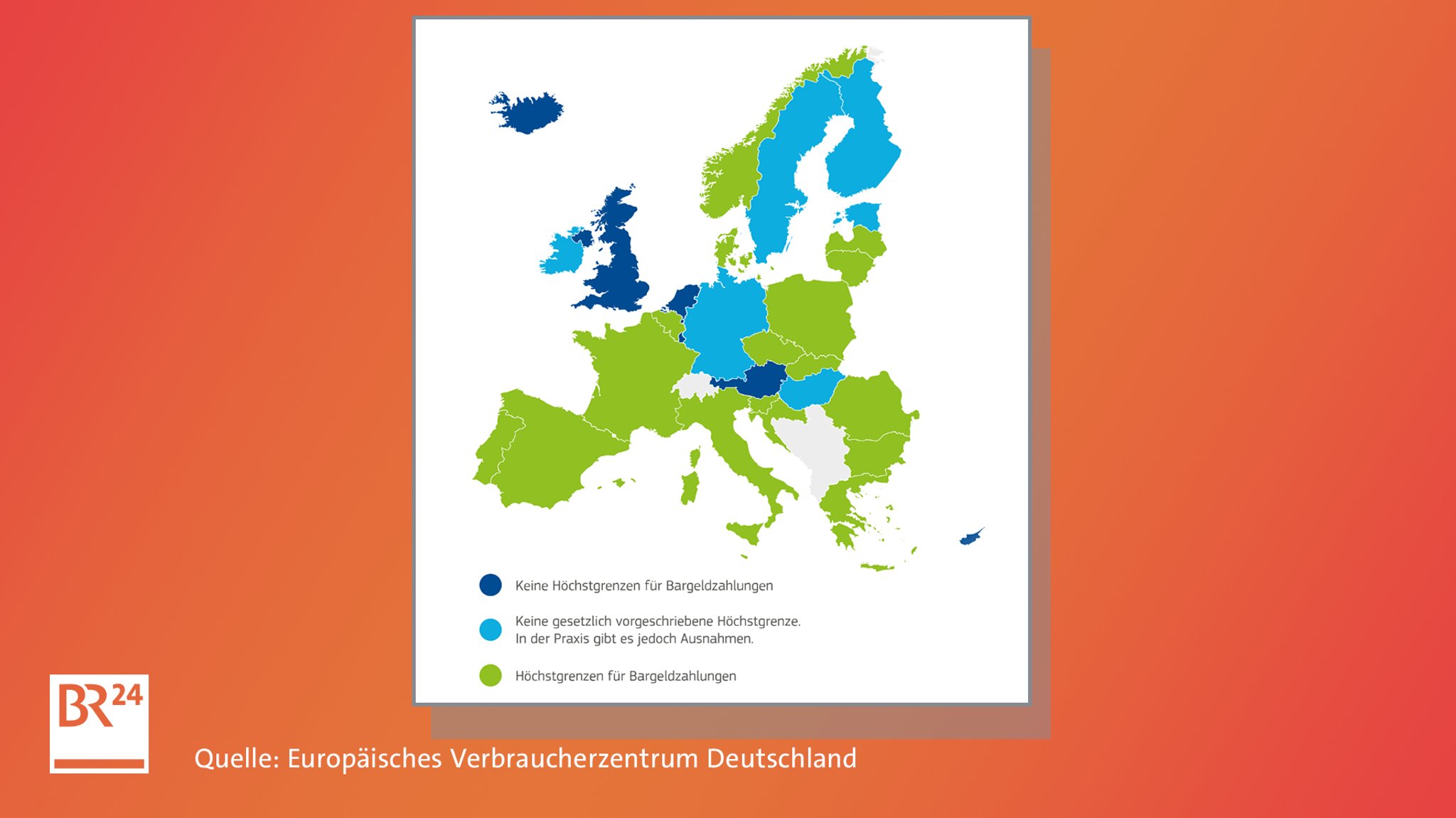 Eine Eruopakarte zeigt, in welchen Ländern Höchstgrenzen für Bargeld gelten. 