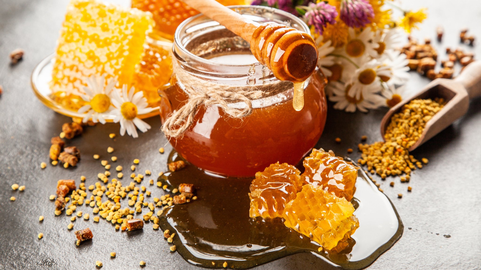 Symbolbild: Ein Honigglas, garniert mit Bienenwaben