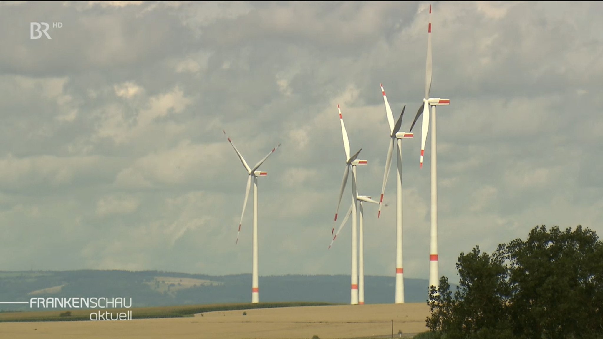 Fünf Windräder stehen in der Landschaft, im Hintergrund eine bewaldete Hochebene. 