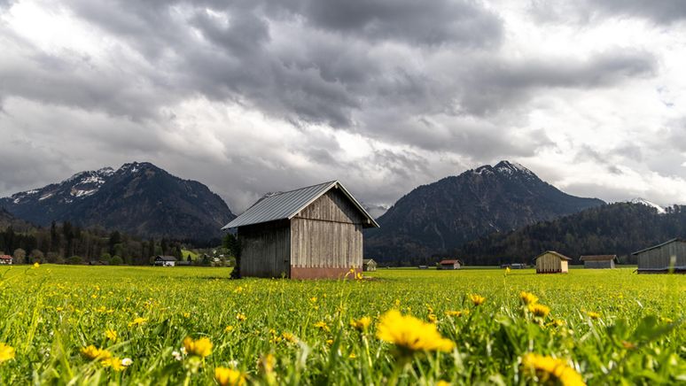 (Symbolbild) Dunkle Wolken über den Alpen bei Oberstdorf im Allgäu. Am Montagabend soll es in Bayern wieder gewittern. | Bild:picture alliance / Jan Eifert | Jan Eifert